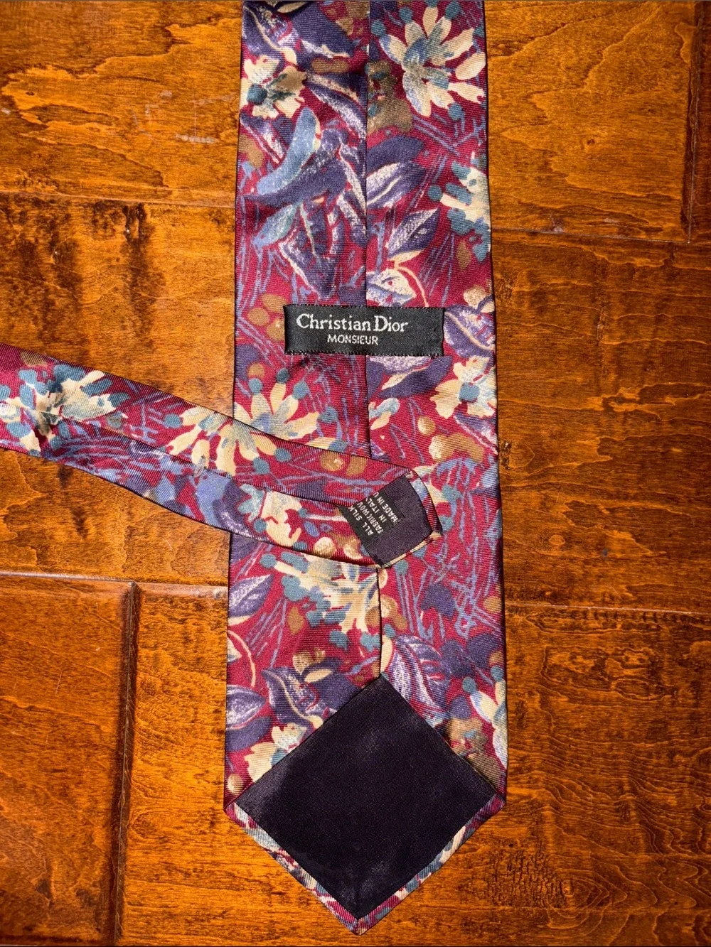 Dior Floral Silk Tie in Burgundy, Blue & Cream